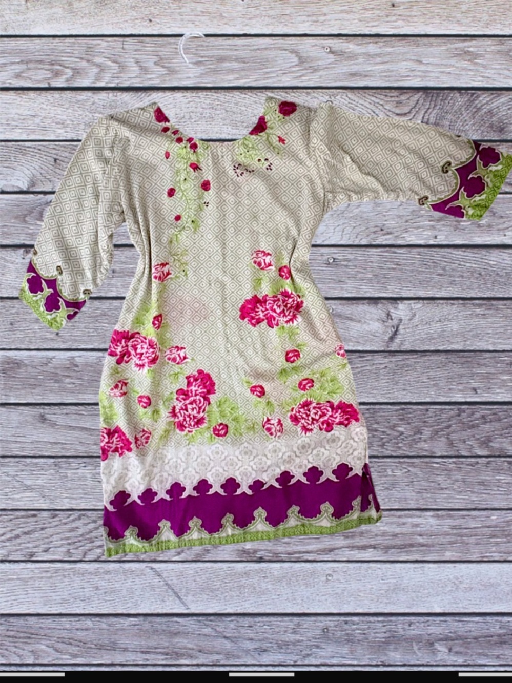 Girls Cream Dress with Pink Floral Embroidery